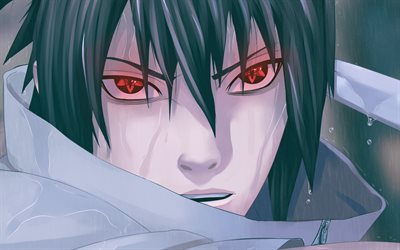 Sasuke Uchiha, olhos vermelhos, manga, close-up, retrato, Naruto