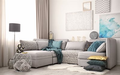 suuri harmaa sohva, tyylik&#228;s olohuone sisustus, moderni sisustus, harmaa olohuone