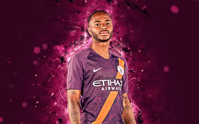4k, Raheem Sterling, violet uniform, English footballer, Manchester City FC, soccer, Sterling, Premier League, Man City, neon lights