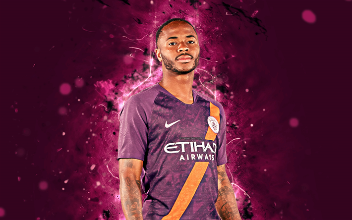 4k, raheem sterling, violette uniform, englischer fu&#223;ballspieler, manchester city fc, fu&#223;ball, sterling, premier league, manchester city, neon lichter