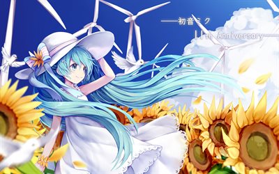 Hatsune Miku, Vocaloid, art, sunflowers, flowers, long blue hair, characters