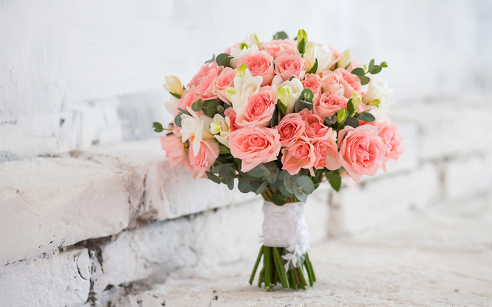 buqu&#234; de casamento, rosas cor-de-rosa, buqu&#234; de noiva, rosas, branco tijolos, casamento conceitos
