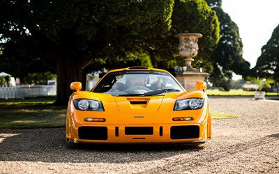 McLaren F1 LM, front view, retro hypercar, orange sports coupe, British sports cars, McLaren