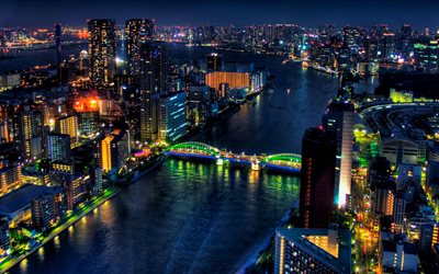 Tokio, paisajes nocturnos, puentes, edificios, Asia, Jap&#243;n, paisajes urbanos