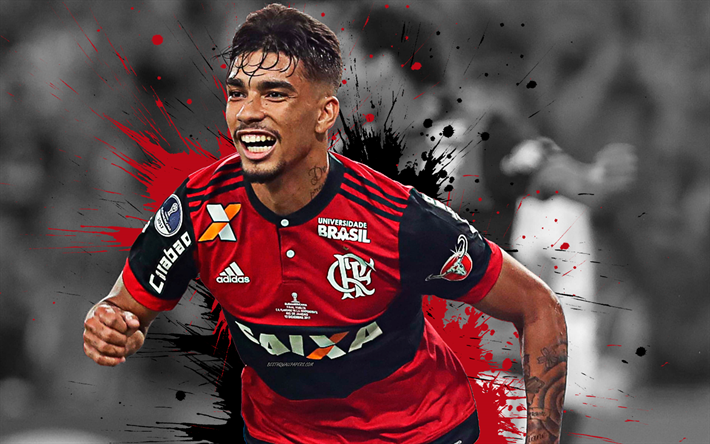 4k, Lucas Paqueta, CR Flamengo, Brasiliano, giocatore di football, Rosso, Nero, macchie di vernice, il Clube de Regatas do Flamengo, arte, grunge, Serie A, Brasile, calcio, Lucas Tolentino Coelho de Lima