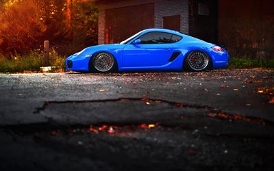 Porsche Cayman, blue sport car, side view, tuning Cayman, German sports cars, Porsche