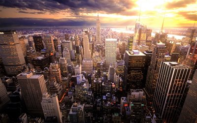 La Ciudad de nueva York, puesta de sol, panorama, Manhattan, ciudad de nueva york, paisajes urbanos, Nueva York, estados UNIDOS, Am&#233;rica