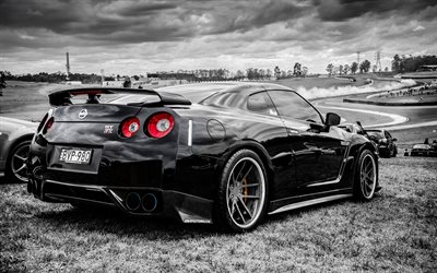 Nissan GT-R, 4k, stance, black GT-R, R35, tuning, supercars, japanese cars, Nissan