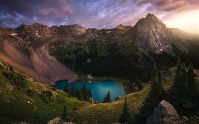 mountain lake, glacial sj&#246;n, sunset, kv&#228;ll, bergslandskapet, skogen, Jorden, milj&#246;