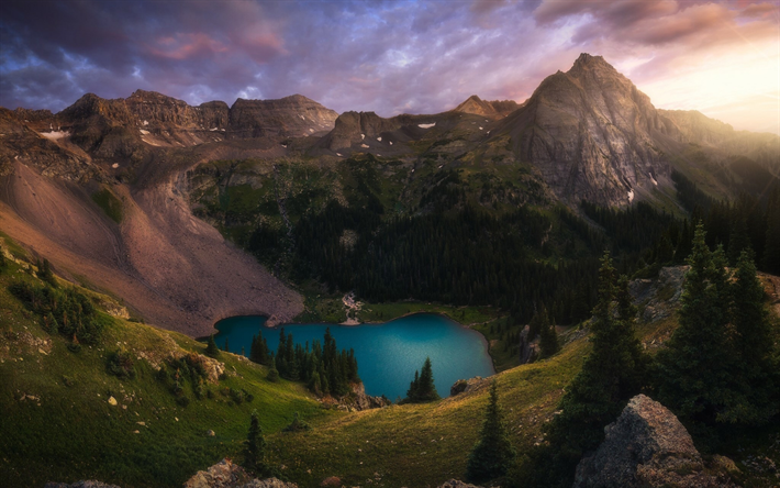 mountain lake, glacial lake, sunset, evening, mountain landscape, forest, Earth, environment