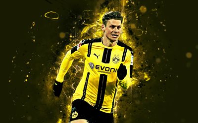 Lukasz Piszczek, 4k, polish footballer, Borussia Dortmund FC, soccer, Piszczek, BVB, Bundesliga, footballers, neon lights