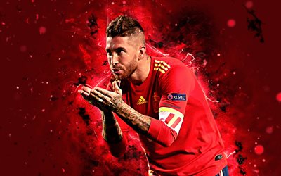 Sergio Ramos, 4k, goal, Spain National Team, football stars, fan art, Ramos, soccer, neon lights, Spanish football team