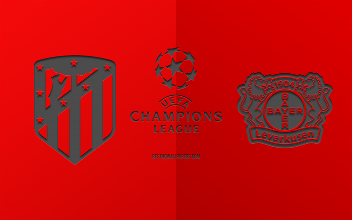 Atletico Madrid vs Bayer 04 Leverkusen, football match, 2019 Champions League, promo, red background, creative art, UEFA Champions League, football