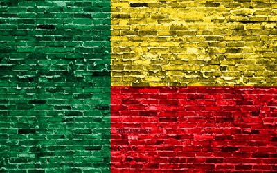 4k, Benin bayrak, tuğla doku, Afrika, Ulusal semboller, Benin Bayrak, brickwall, Benin 3D bayrağı, Afrika &#252;lkeleri Benin