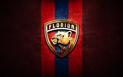 Florida Panthers, golden logo, NHL, red metal background, american hockey team, National Hockey League, Florida Panthers logo, hockey, USA