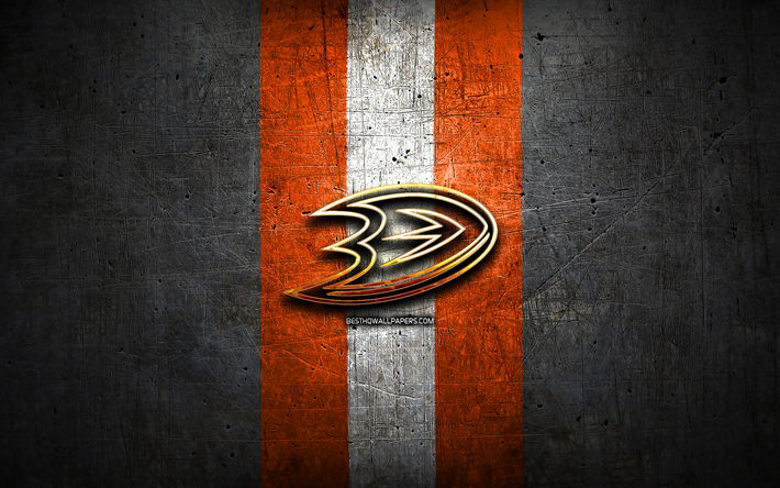 anaheim ducks, golden logo, nhl, schwarz, metall, hintergrund, amerikanische eishockey-team, national hockey league, anaheim ducks logo, hockey, usa