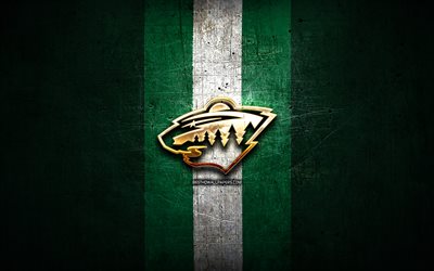 Minnesota Wild, golden logo, NHL, green metal background, american hockey team, National Hockey League, Minnesota Wild logo, hockey, USA