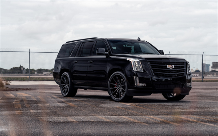 Cadillac Escalade, 2019, &#224; l&#39;ext&#233;rieur, luxe, noir, SUV, noir nouvelle Escalade, le r&#233;glage de l&#39;Escalade, des voitures am&#233;ricaines, Cadillac