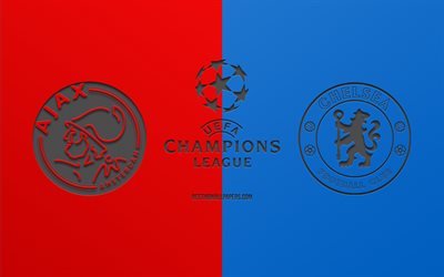 O Ajax de Amesterd&#227;o vs Chelsea FC, partida de futebol, 2019 Champions League, promo, vermelho fundo azul, arte criativa, UEFA Champions League, futebol, O AFC Ajax