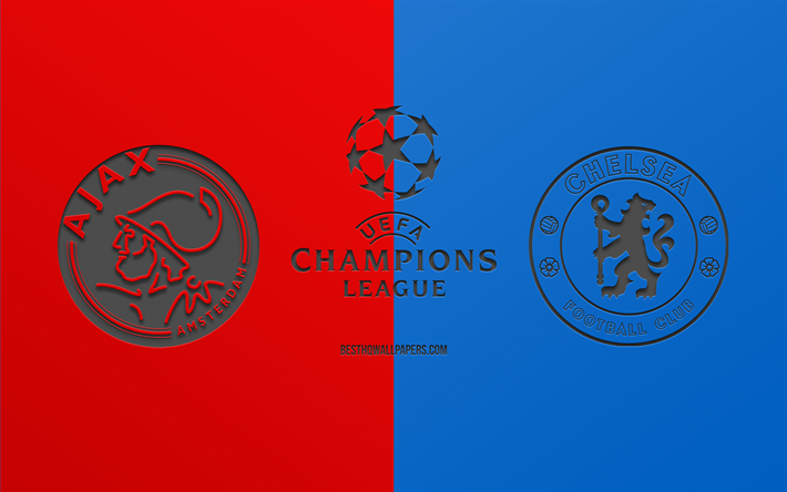 Ajax Amsterdam vs Chelsea FC, jalkapallo-ottelu, 2019 Mestarien Liigan, promo, punainen sininen tausta, creative art, UEFA Champions League, jalkapallo, AFC Ajax