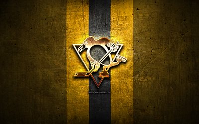Pittsburgh Penguins, golden logo, NHL, yellow metal background, american hockey team, National Hockey League, Pittsburgh Penguins logo, hockey, USA