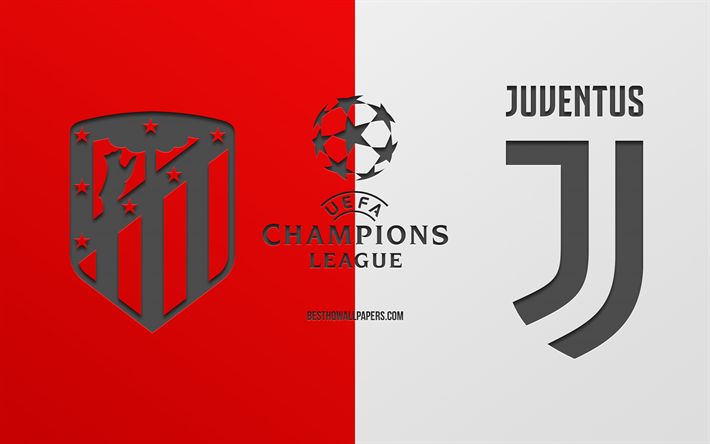 Atletico Madrid vs Juventus FC, football match, 2019 Champions League, promo, red white background, creative art, UEFA Champions League, football, Juventus FC