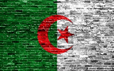 4k, Cezayir bayrak, tuğla doku, Afrika, Ulusal semboller, Cezayir Bayrak, brickwall, Cezayir 3D bayrağı, Afrika &#252;lkeleri, Cezayir