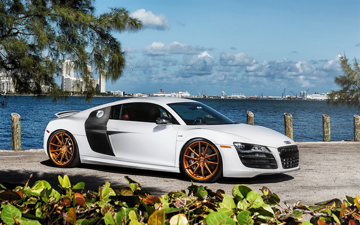 Audi R8, 2019, exterior, front view, new white R8, tuning R8, bronze wheels, German sports cars, Audi