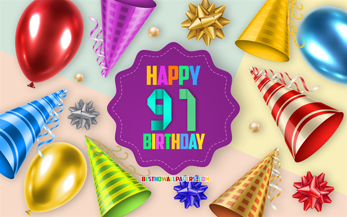 Happy 91 Years Birthday, Greeting Card, Birthday Balloon Background, creative art, Happy 91st birthday, silk bows, 91st Birthday, Birthday Party Background, Happy Birthday