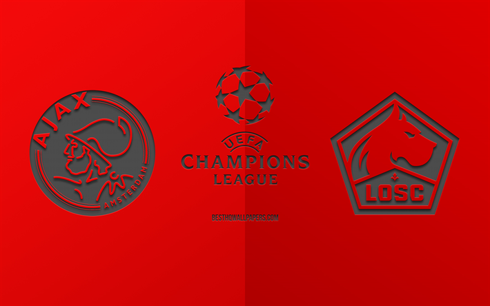 Ajax Amsterdam vs LOSC Lille, futbol ma&#231;ı, 2019 Şampiyonlar Ligi, promo, kırmızı arka plan, yaratıcı sanat, UEFA Şampiyonlar Ligi, futbol, LOSC Lille