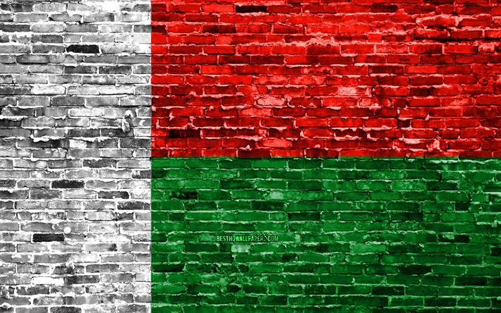 4k, Madagaskar flagga, tegel konsistens, Afrika, nationella symboler, Flagga av Madagascar, brickwall, Madagaskar 3D-flagga, Afrikanska l&#228;nder, Madagaskar