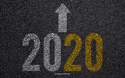2020 2020 yılına kavramlar, kaldırımda numaraları, Yeni Yıl, beyaz ok, asfalt doku, arka plan, 2020, 2020 yolda, 2020 kavramlar