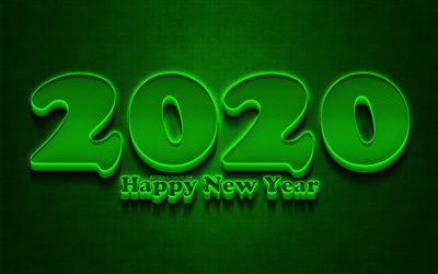 2020 green 3D digits, grunge, Happy New Year 2020, green metal background, 2020 neon art, 2020 concepts, green neon digits, 2020 on green background, 2020 year digits