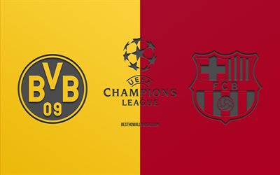 O Borussia Dortmund vs FC Barcelona, partida de futebol, 2019 Champions League, promo, amarelo-vinho de fundo, arte criativa, UEFA Champions League, futebol, O FC Barcelona