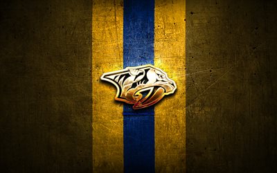 Nashville Predadores, ouro logotipo, NHL, metal amarelo de fundo, americana time de h&#243;quei, Liga Nacional De H&#243;quei, Nashville Predadores logotipo, h&#243;quei, EUA