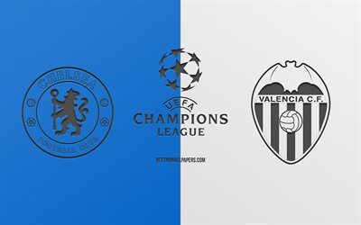 Chelsea FC vs Valencia CF, football match, 2019 Champions League, promo, blue and white background, creative art, UEFA Champions League, football, Chelsea vs Valencia