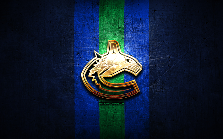Vancouver Canucks, golden logotyp, NHL, bl&#229; metall bakgrund, amerikansk ishockey, National Hockey League, Vancouver Canucks logotyp, hockey, USA