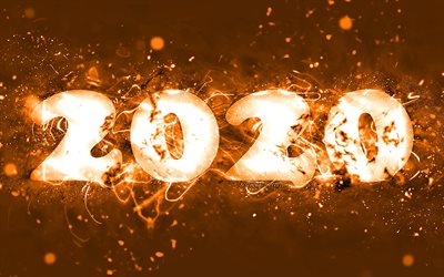 2020 mutlu yıllar, 4k, turuncu neon ışıkları, soyut sanat, 2020 kavramlar, 2020 turuncu neon basamak, turuncu arka planda 2020, 2020 neon sanat, yaratıcı, 2020 yılına basamak