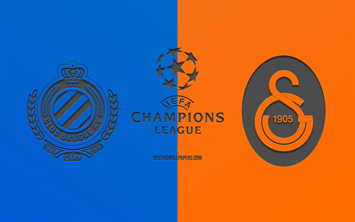 Club Brugge vs Galatasaray, partido de f&#250;tbol, 2019 de la Liga de Campeones, promo, azul-naranja de fondo, arte creativo, de la UEFA Champions League, el f&#250;tbol, el Galatasaray