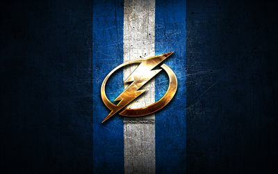Tampa Bay Lightning, de oro logotipo, NHL, azul metal de fondo, de la american hockey equipo, Liga Nacional de Hockey, los Tampa Bay Lightning logotipo, hockey, estados UNIDOS