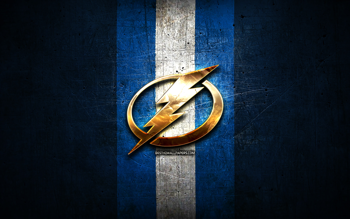 Tampa Bay Lightning, golden logotyp, NHL, bl&#229; metall bakgrund, amerikansk ishockey, National Hockey League, Tampa Bay Lightning logotyp, hockey, USA