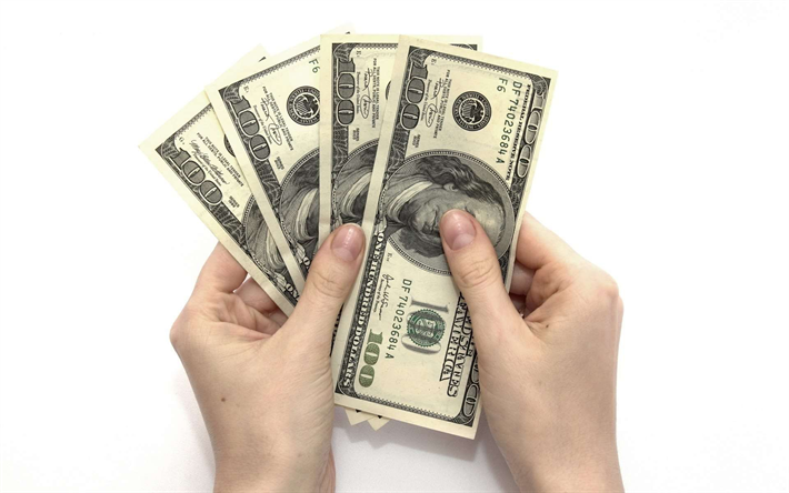 dollari americani nelle mani di, finanza concetti, soldi in mano, sfondo bianco, affari, dollari