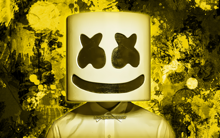 DJ Marshmello, keltainen maali roiskeet, supert&#228;hti&#228;, Christopher Comstock, amerikkalainen DJ, musiikin t&#228;hdet, Marshmello, keltainen grunge tausta, Dj