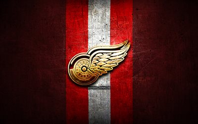 Detroit Red Wings, golden logo, NHL, red metal background, american hockey team, National Hockey League, Detroit Red Wings logo, hockey, USA