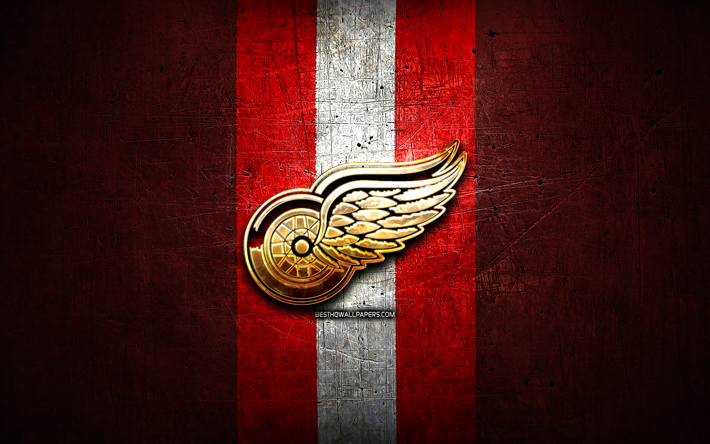 Detroit Red Wings, golden logo, NHL, rosso, metallo, sfondo, americano, squadra di hockey, National Hockey League, Detroit Red Wings logo, hockey, USA