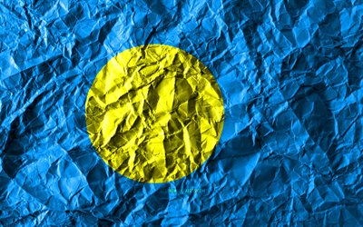 Palau bandeira, 4k, papel amassado, Oceania pa&#237;ses, criativo, Bandeira de Palau, s&#237;mbolos nacionais, Oceania, Palau 3D bandeira, Pal&#225;cio
