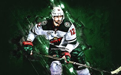 Eric Staal, Minnesota Wild, Canadian hockey player, green stone background, creative art, NHL, USA, hockey