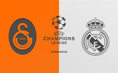 Galatasaray vs Real Madrid, football match, 2019 Champions League, promo, orange-white background, creative art, UEFA Champions League, football, Galatasaray