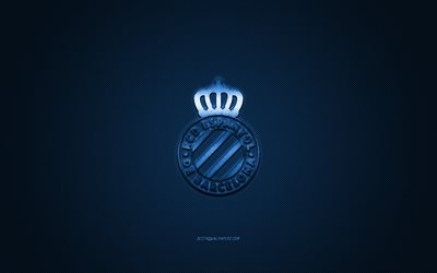 RCD Espanyol, Spanish football club, La Liga, blue logo, blue carbon fiber background, football, Barcelona, Spain, RCD Espanyol logo