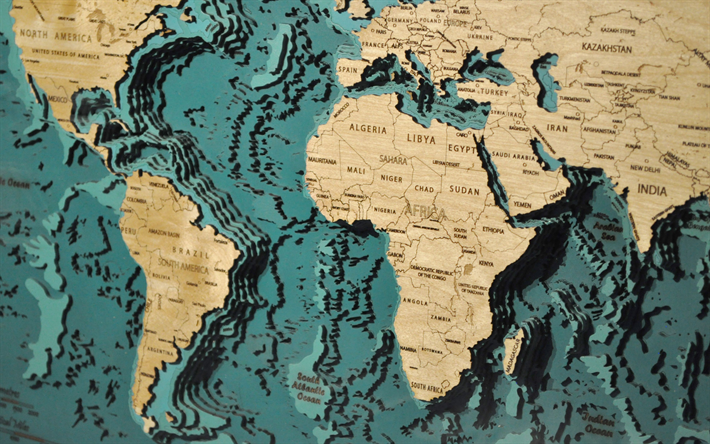 puinen 3D maailman kartta, 4k, globe, maailman kartta k&#228;site, kuvitus, luova, maailman kartta, puinen maailman kartta, maailman kartat